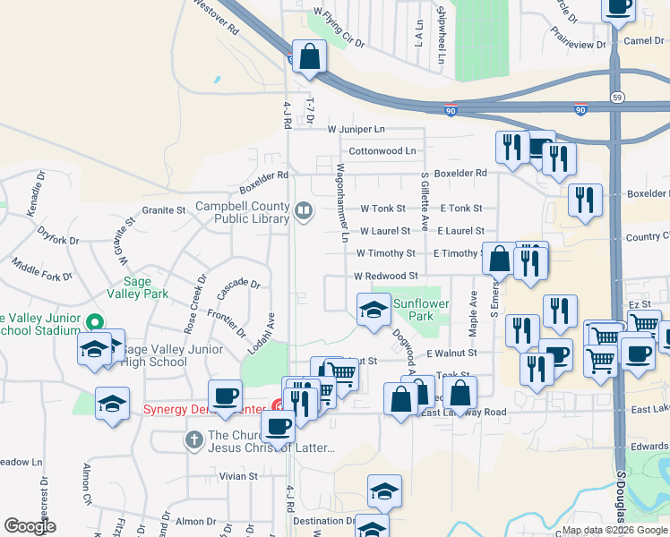 map of restaurants, bars, coffee shops, grocery stores, and more near 2214 Wagonhammer Lane in Gillette