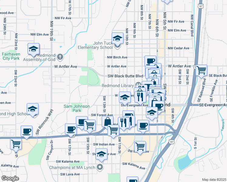 map of restaurants, bars, coffee shops, grocery stores, and more near 324 Southwest 12th Street in Redmond