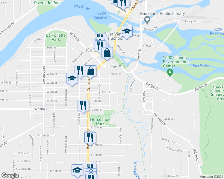 map of restaurants, bars, coffee shops, grocery stores, and more near 714 Metoxen Avenue in Kaukauna