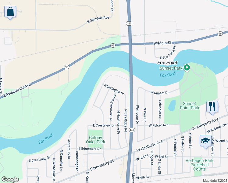 map of restaurants, bars, coffee shops, grocery stores, and more near 3515 East Lexington Drive in Appleton