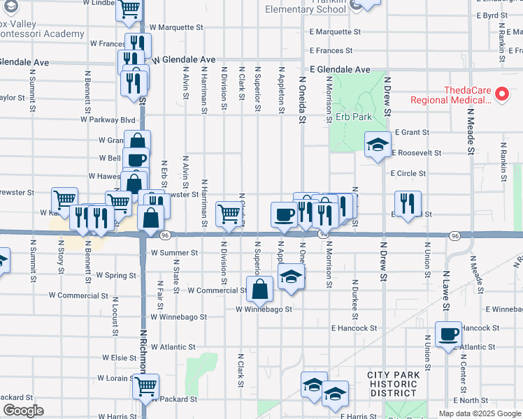 map of restaurants, bars, coffee shops, grocery stores, and more near 1404 North Superior Street in Appleton
