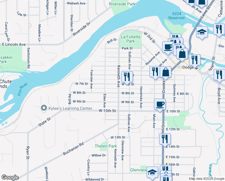 map of restaurants, bars, coffee shops, grocery stores, and more near 412 West 8th Street in Kaukauna