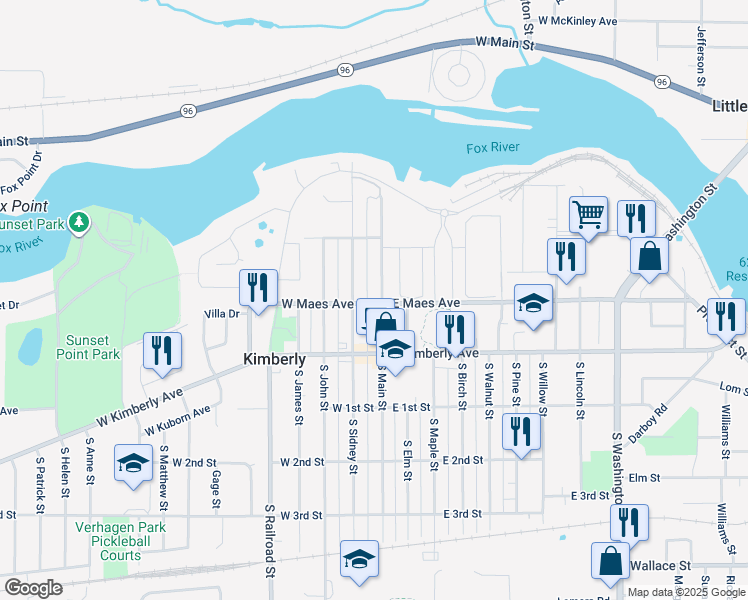 map of restaurants, bars, coffee shops, grocery stores, and more near 202 North Main Street in Kimberly