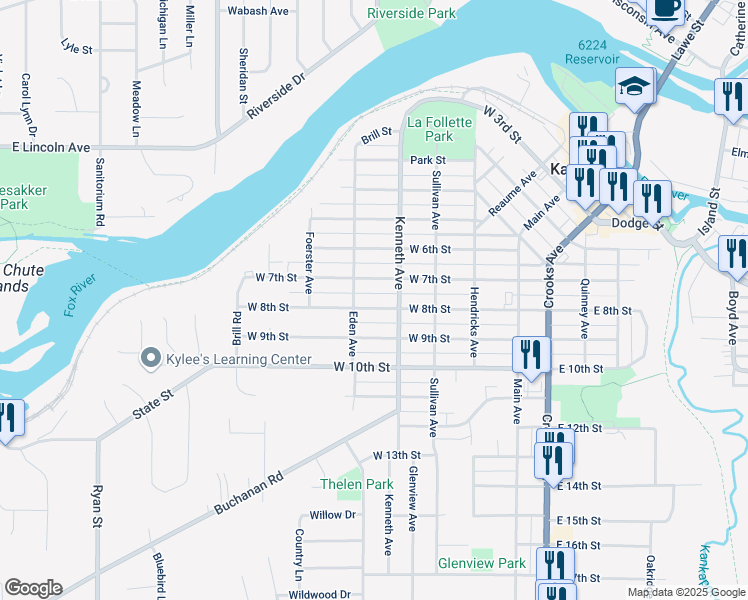 map of restaurants, bars, coffee shops, grocery stores, and more near 412 West 8th Street in Kaukauna
