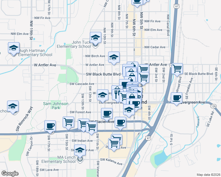 map of restaurants, bars, coffee shops, grocery stores, and more near 333 Southwest 9th Street in Redmond