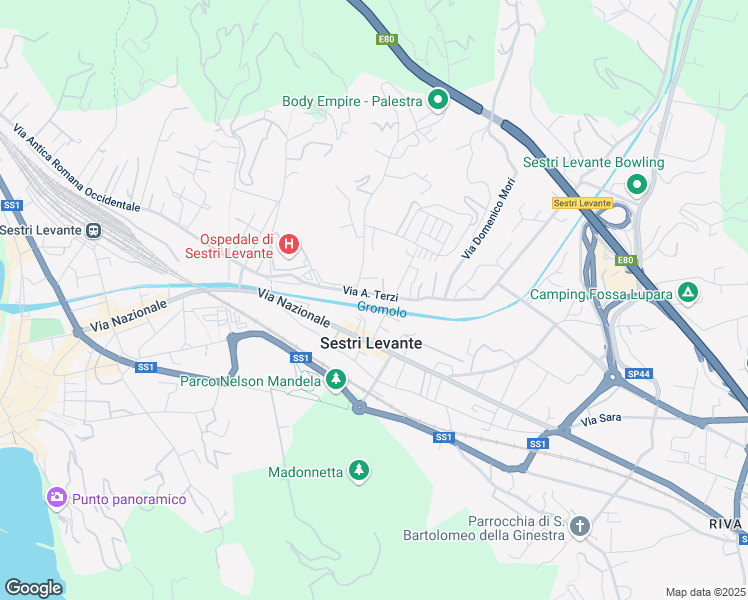 map of restaurants, bars, coffee shops, grocery stores, and more near 38 Via A. Terzi in Sestri Levante