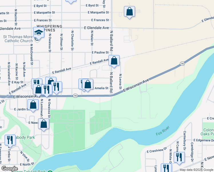 map of restaurants, bars, coffee shops, grocery stores, and more near 1830 East Amelia Street in Appleton