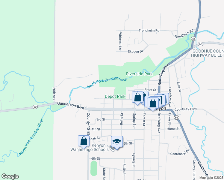 map of restaurants, bars, coffee shops, grocery stores, and more near 26 Washington Street in Kenyon
