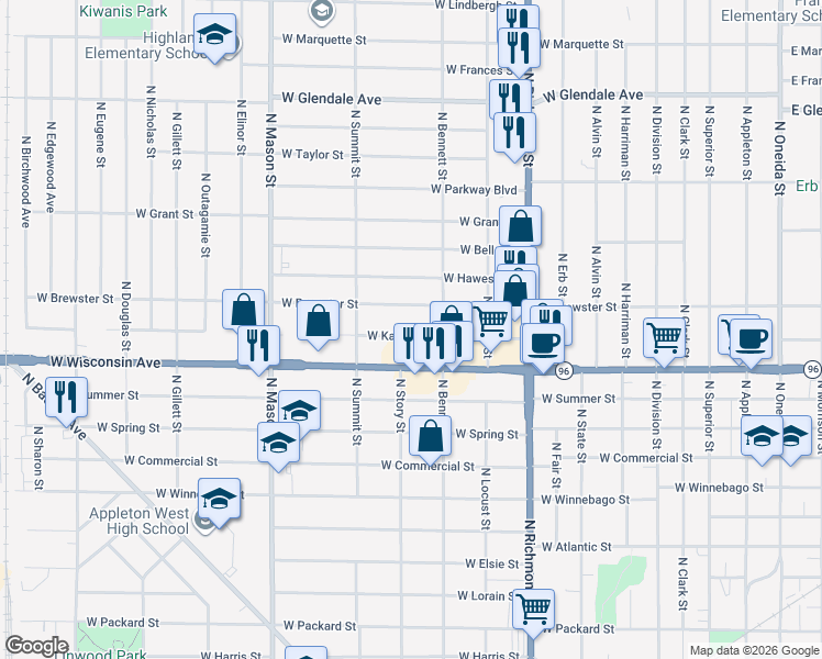 map of restaurants, bars, coffee shops, grocery stores, and more near 928 West Kamps Avenue in Appleton