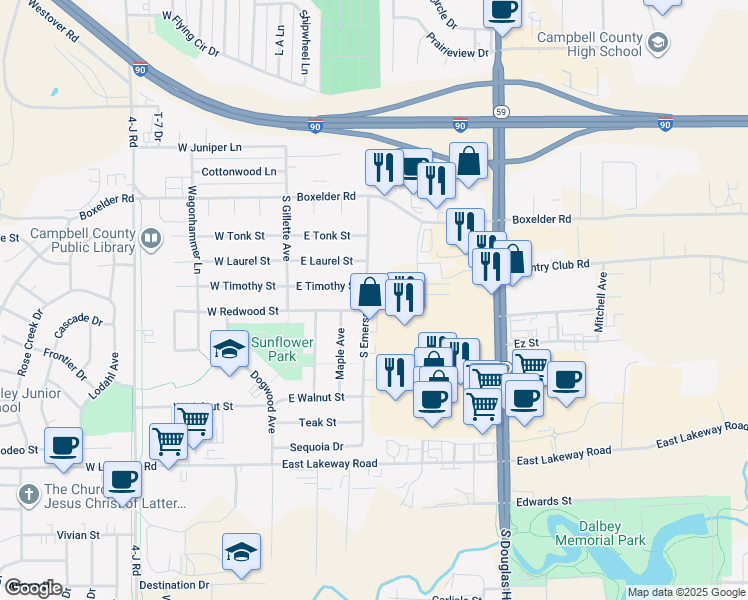 map of restaurants, bars, coffee shops, grocery stores, and more near 2209 South Emerson Avenue in Gillette