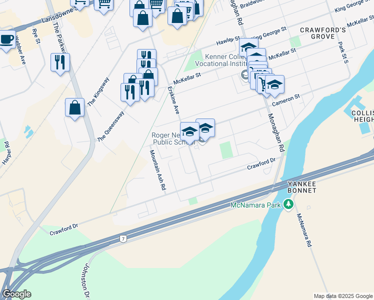 map of restaurants, bars, coffee shops, grocery stores, and more near in Peterborough