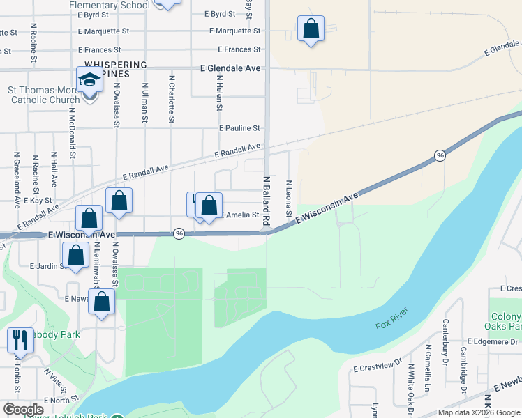map of restaurants, bars, coffee shops, grocery stores, and more near 1830 East Amelia Street in Appleton