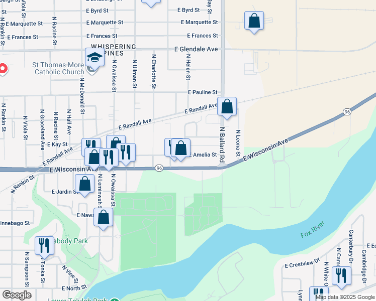 map of restaurants, bars, coffee shops, grocery stores, and more near 1628 East Amelia Street in Appleton