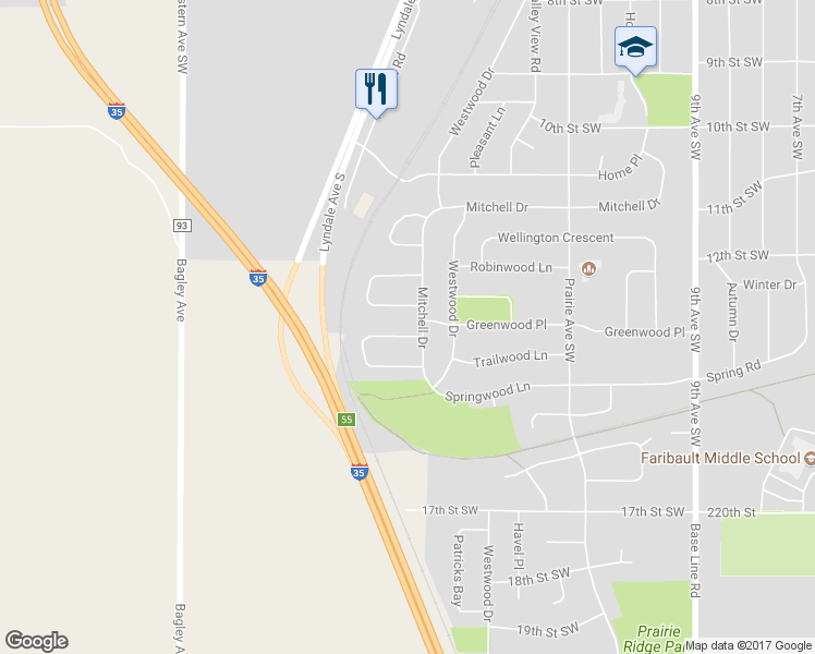 map of restaurants, bars, coffee shops, grocery stores, and more near 4 Saint Marks Bay in Faribault