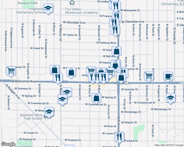 map of restaurants, bars, coffee shops, grocery stores, and more near 928 West Kamps Avenue in Appleton
