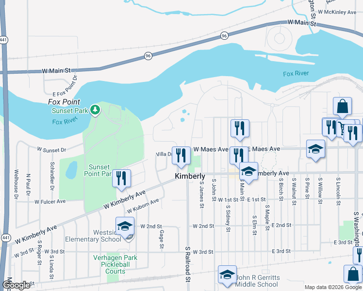 map of restaurants, bars, coffee shops, grocery stores, and more near 210 Rivers Edge Drive in Kimberly