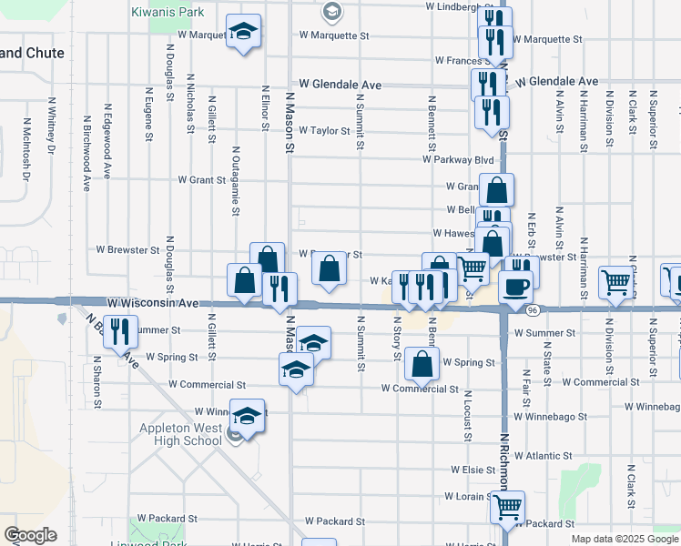 map of restaurants, bars, coffee shops, grocery stores, and more near 1124 W Kamps Ave in Appleton