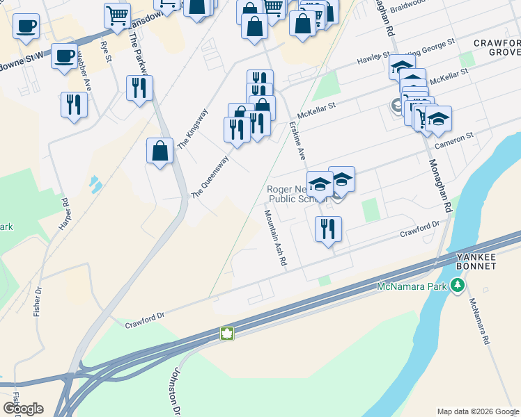 map of restaurants, bars, coffee shops, grocery stores, and more near 839 Mountain Ash Road in Peterborough