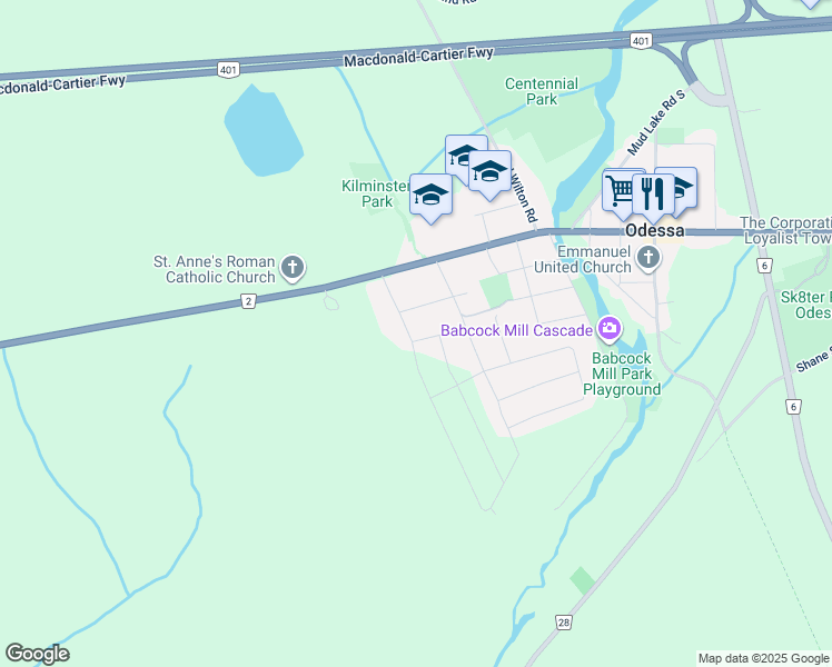map of restaurants, bars, coffee shops, grocery stores, and more near 29 Creighton Drive in Odessa