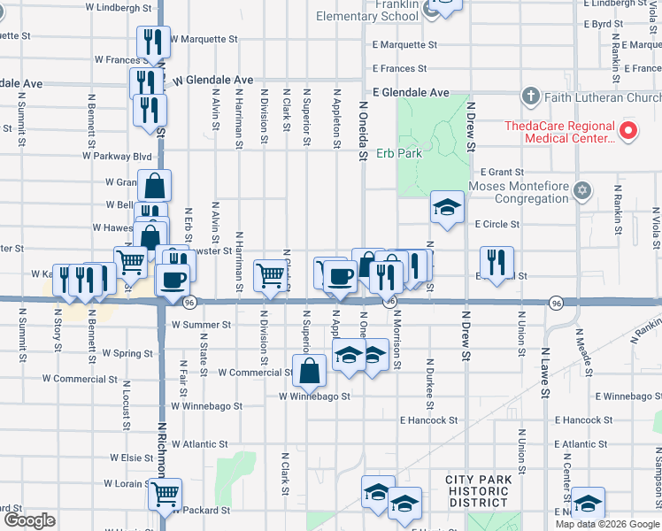 map of restaurants, bars, coffee shops, grocery stores, and more near 1400 North Appleton Street in Appleton