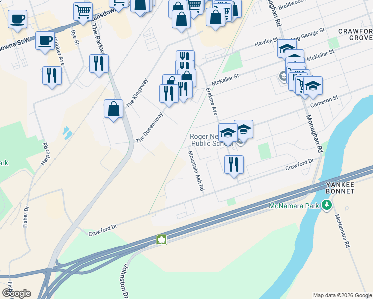 map of restaurants, bars, coffee shops, grocery stores, and more near 839 Mountain Ash Road in Peterborough