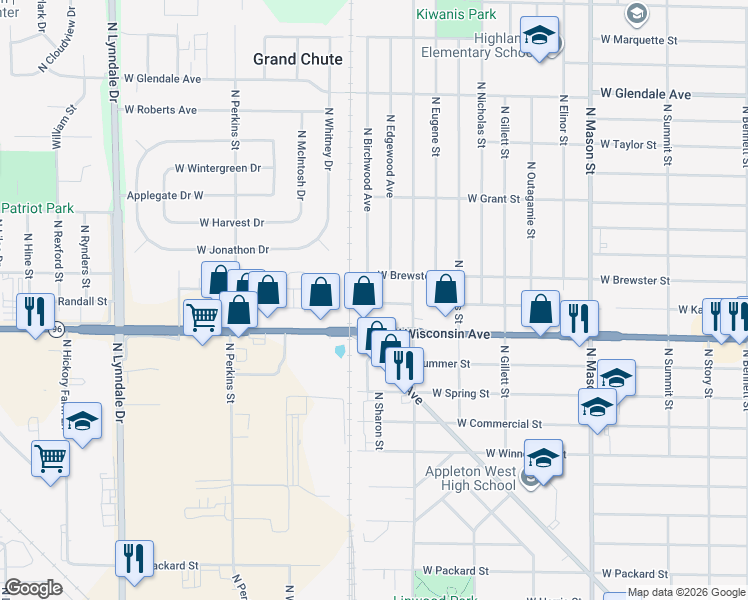map of restaurants, bars, coffee shops, grocery stores, and more near 1400 North Birchwood Avenue in Appleton