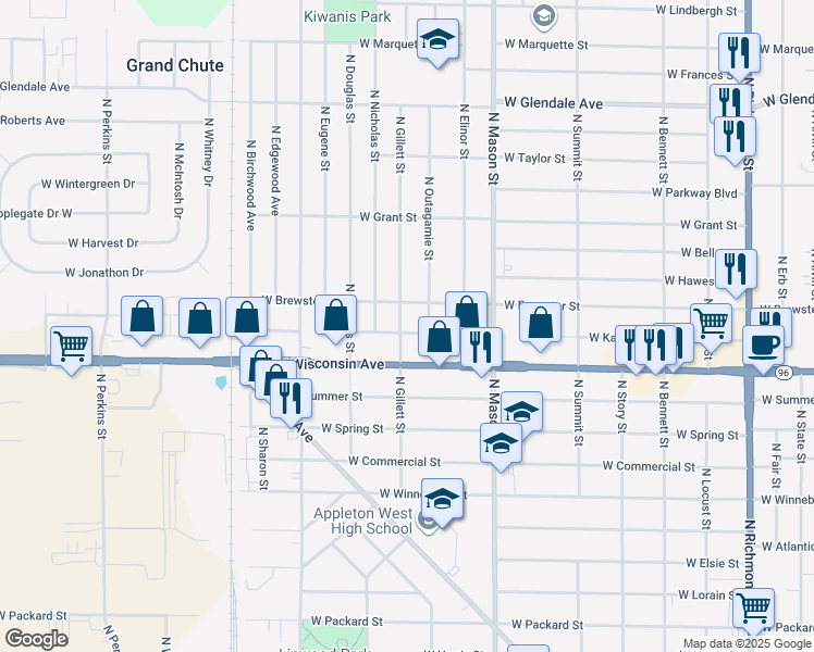 map of restaurants, bars, coffee shops, grocery stores, and more near 1404 North Gillett Street in Appleton
