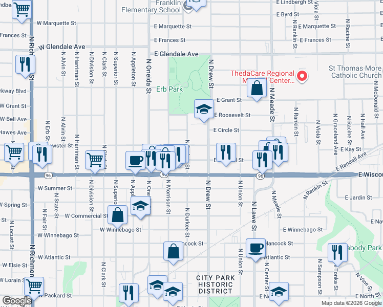 map of restaurants, bars, coffee shops, grocery stores, and more near 304 East Randall Street in Appleton