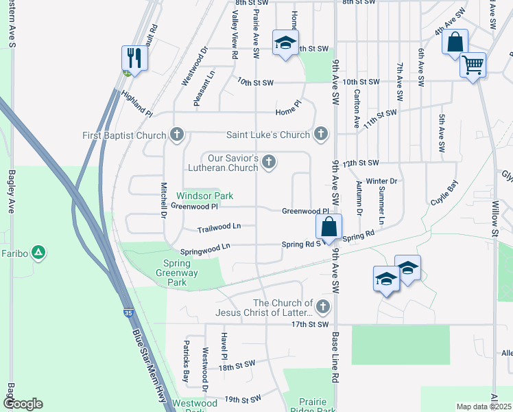 map of restaurants, bars, coffee shops, grocery stores, and more near 1398 Prairie Avenue Southwest in Faribault