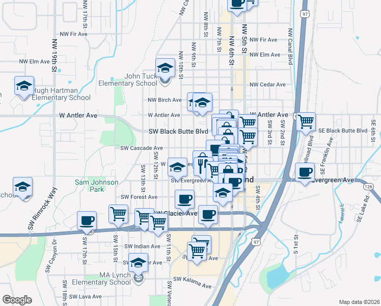 map of restaurants, bars, coffee shops, grocery stores, and more near 333 Southwest 9th Street in Redmond