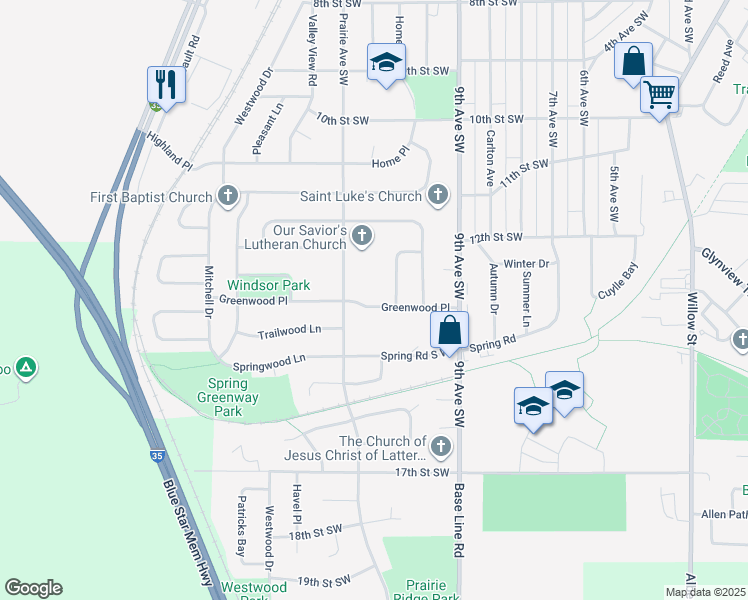 map of restaurants, bars, coffee shops, grocery stores, and more near 1118 Greenwood Place in Faribault