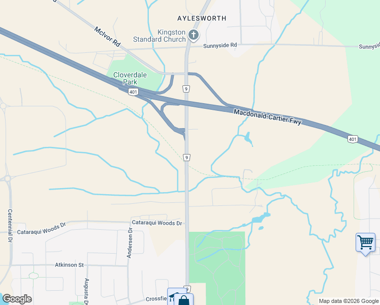map of restaurants, bars, coffee shops, grocery stores, and more near 1240 Sydenham Road in Kingston