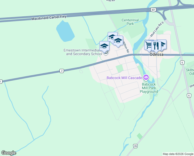 map of restaurants, bars, coffee shops, grocery stores, and more near 23 Creighton Drive in Odessa