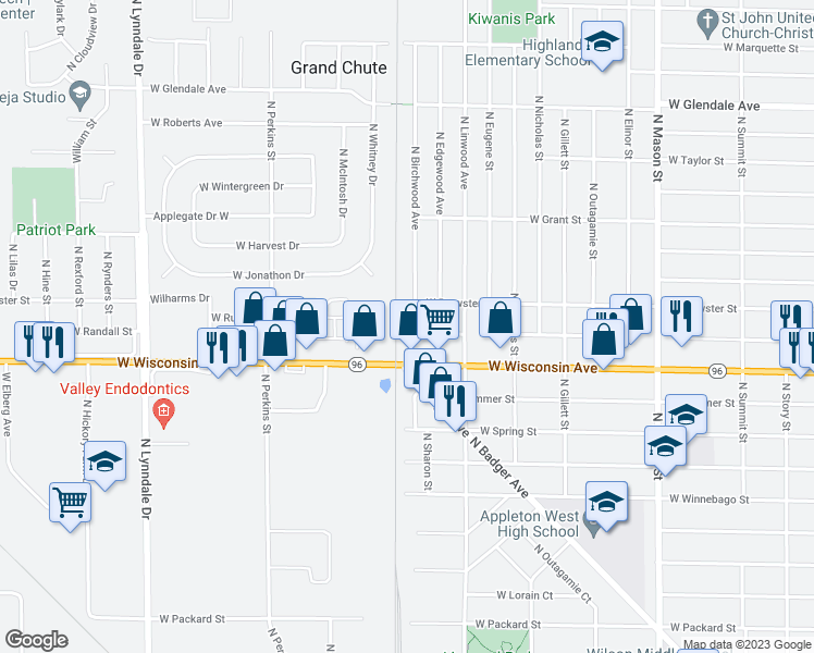 map of restaurants, bars, coffee shops, grocery stores, and more near 1403 North Birchwood Avenue in Appleton