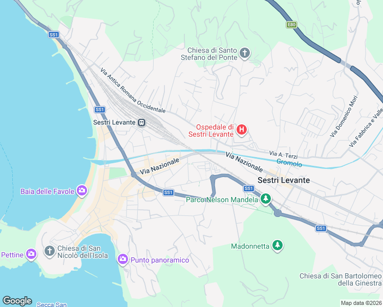 map of restaurants, bars, coffee shops, grocery stores, and more near 203 Via Nazionale in Sestri Levante