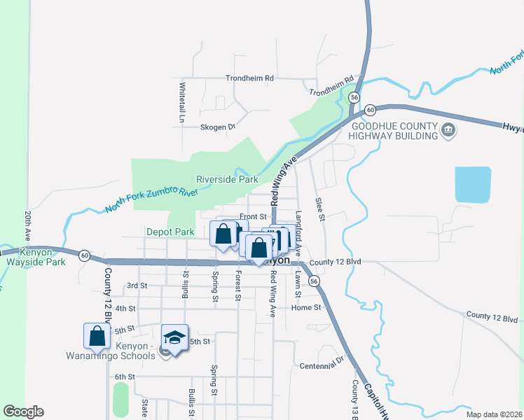 map of restaurants, bars, coffee shops, grocery stores, and more near 619 Front Street in Kenyon