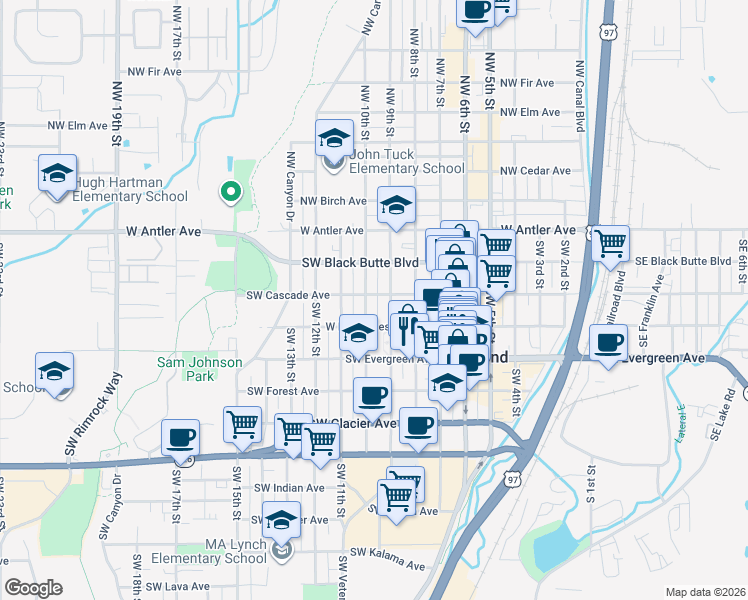 map of restaurants, bars, coffee shops, grocery stores, and more near 934 Southwest Cascade Avenue in Redmond