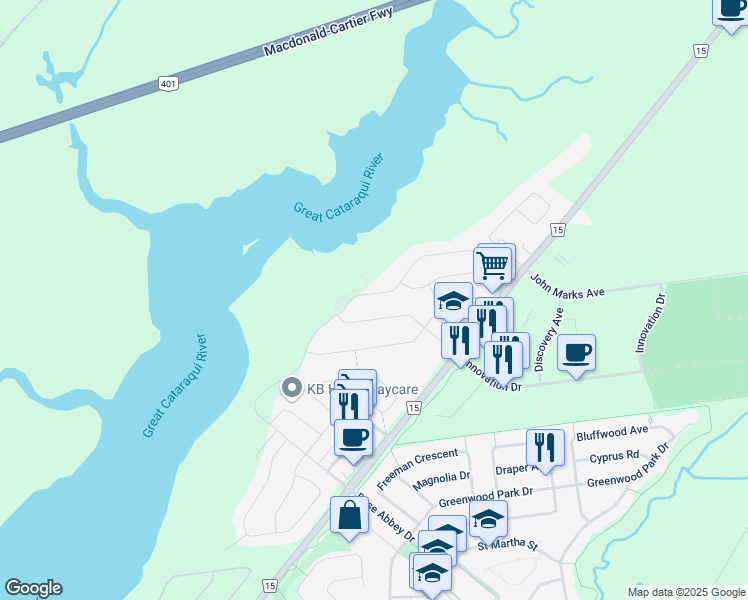 map of restaurants, bars, coffee shops, grocery stores, and more near 1347 Waterside Way in Kingston