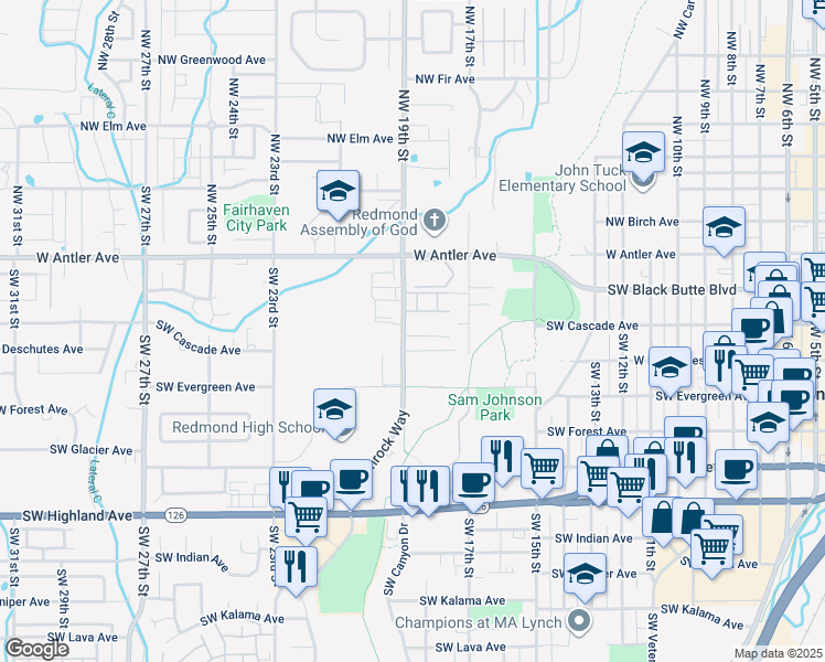 map of restaurants, bars, coffee shops, grocery stores, and more near 360 Southwest Rimrock Way in Redmond