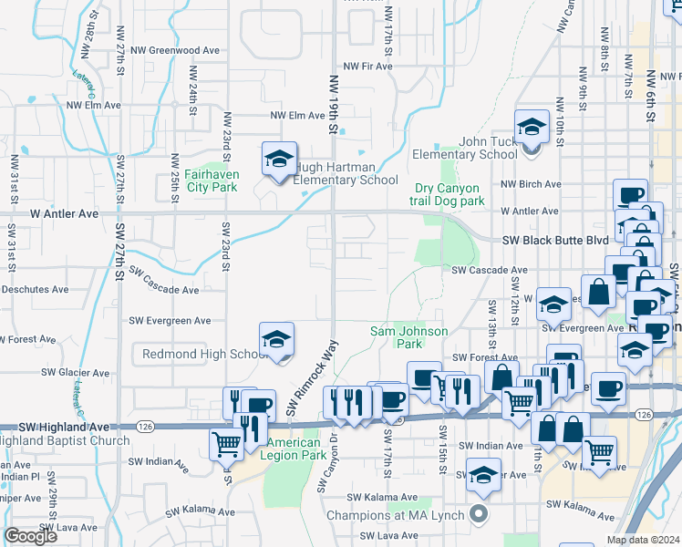 map of restaurants, bars, coffee shops, grocery stores, and more near 360 Southwest Rimrock Way in Redmond