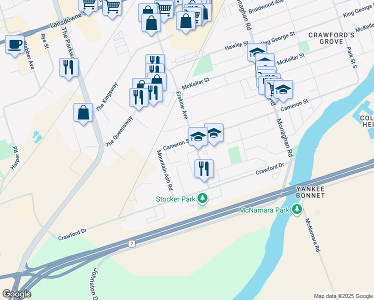 map of restaurants, bars, coffee shops, grocery stores, and more near in Peterborough