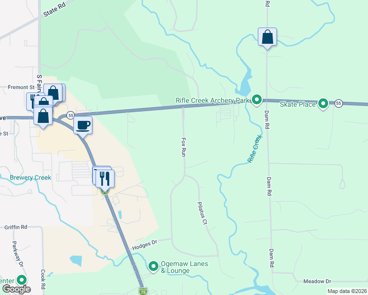 map of restaurants, bars, coffee shops, grocery stores, and more near Fox Run in Ogemaw County