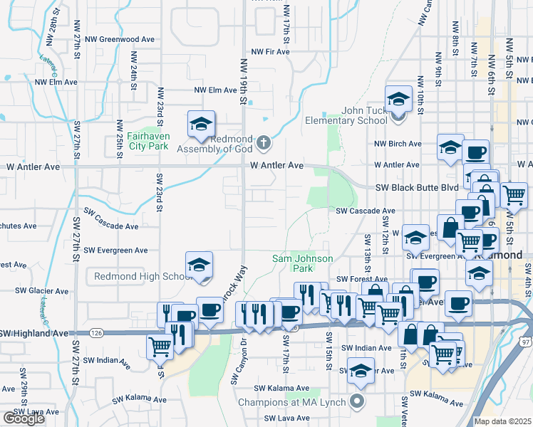 map of restaurants, bars, coffee shops, grocery stores, and more near 340 Southwest Rimrock Way in Redmond