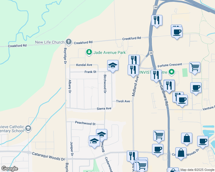 map of restaurants, bars, coffee shops, grocery stores, and more near 1478 Birchwood Drive in Kingston