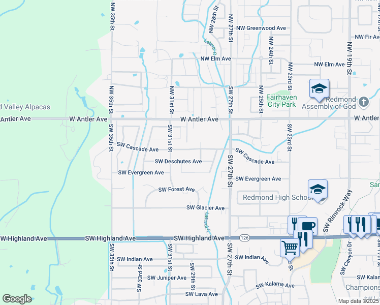 map of restaurants, bars, coffee shops, grocery stores, and more near 2965 Southwest Deschutes Avenue in Redmond