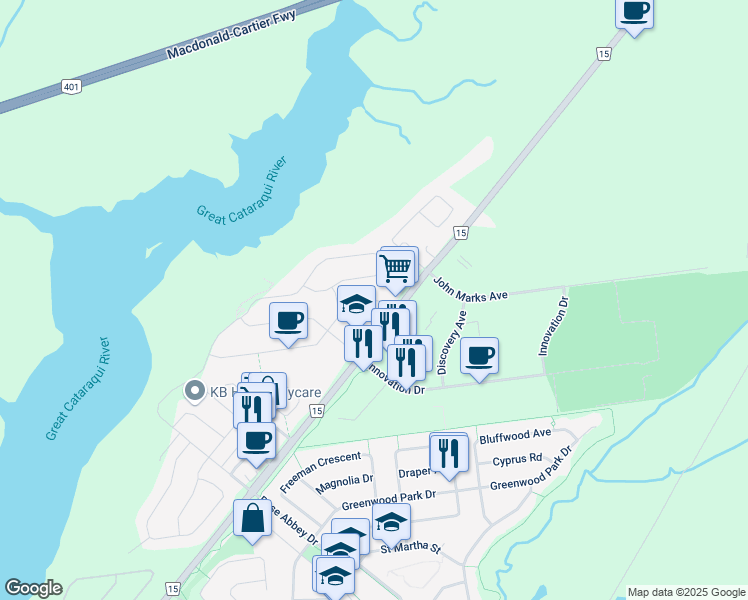map of restaurants, bars, coffee shops, grocery stores, and more near Clipper Court in Kingston