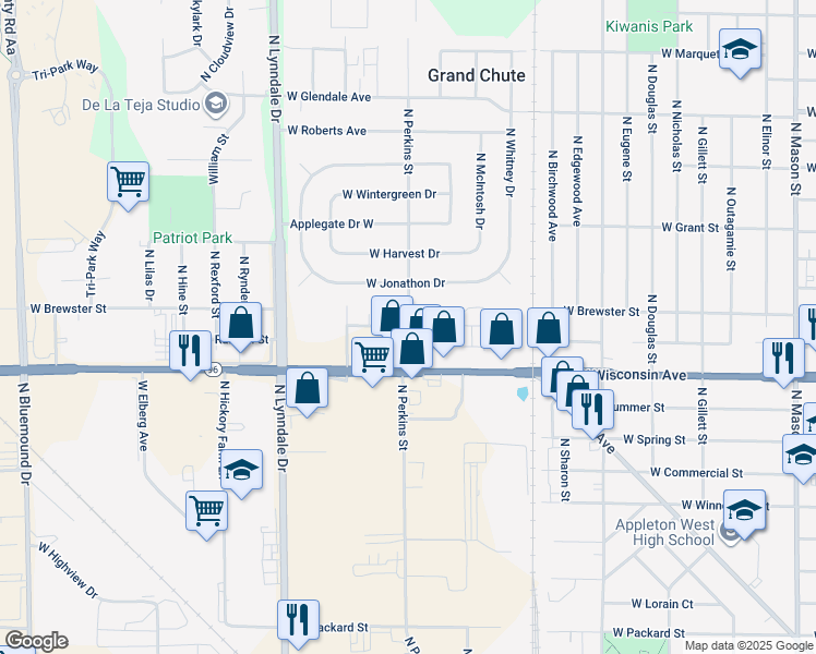 map of restaurants, bars, coffee shops, grocery stores, and more near 1431 North Perkins Street in Appleton
