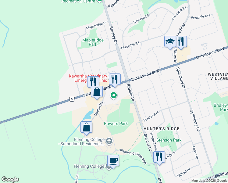 map of restaurants, bars, coffee shops, grocery stores, and more near 775 Brealey Drive in Peterborough
