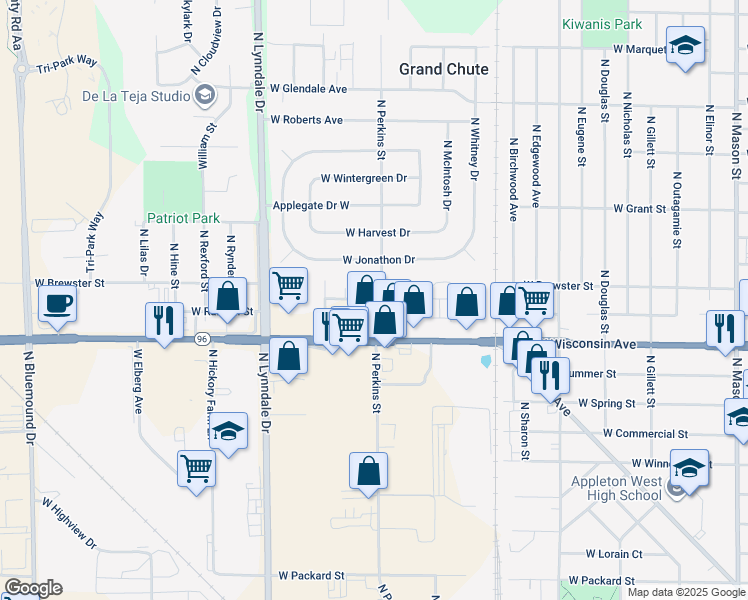 map of restaurants, bars, coffee shops, grocery stores, and more near 1301-1431 North Perkins Street in Appleton