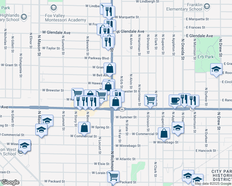 map of restaurants, bars, coffee shops, grocery stores, and more near 635 West Brewster Street in Appleton